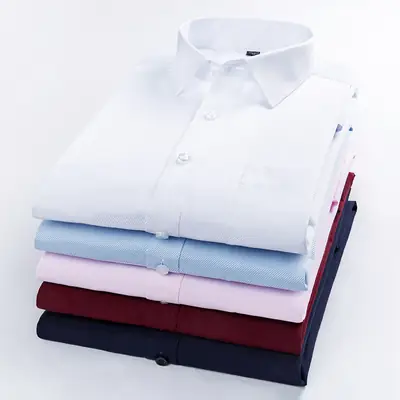 Men Long Sleeve White Business Shirt Non-Ironing Embroidered
