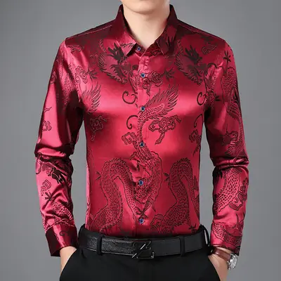Men Long Sleeve Dragon Shirt White Autumn Casual