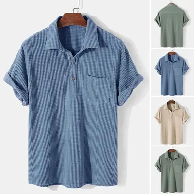 Men Loose Plaid Short Sleeve Shirt Light Blue
