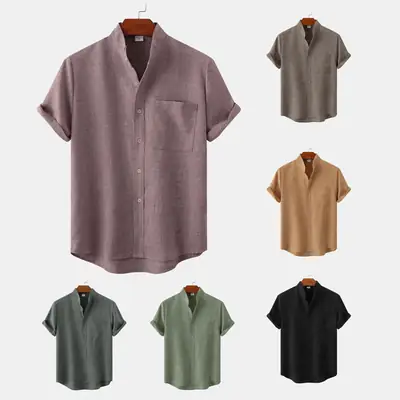 Men Solid Color Cotton Linen Shirt Black Summer