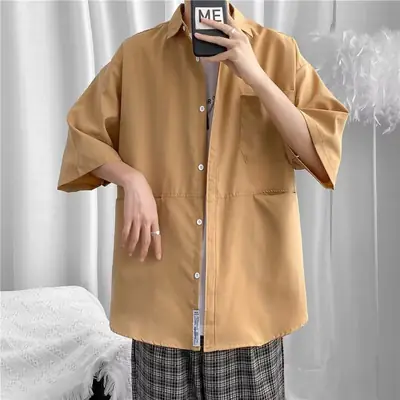 Men Loose Summer Short Sleeve Jacket Khaki M-1269