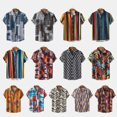 Men Cotton Linen Floral Shirt Summer Casual Short Sleeve thumbnail 1