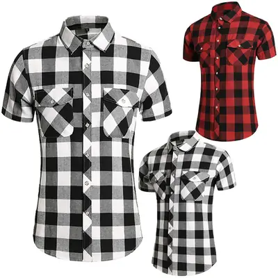 Men Plaid Short Sleeve Shirt Red Black Grid Plus Size Spring