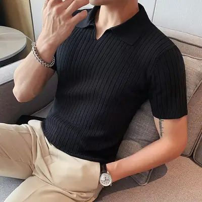 Men Knitted Polo Shirt White Summer 2023
