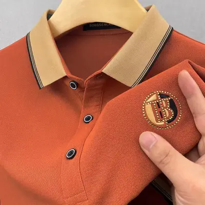 Men Cotton Embroidered Polo Shirt Orange Large Summer