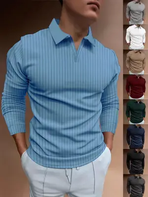 Men's Long Sleeve Striped V Neck Polo Shirt