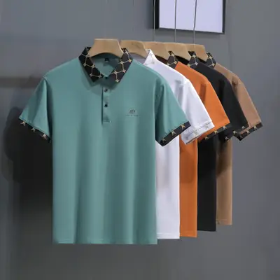 Men Cotton Polo Shirt Short Sleeve Trendy Lapel Print