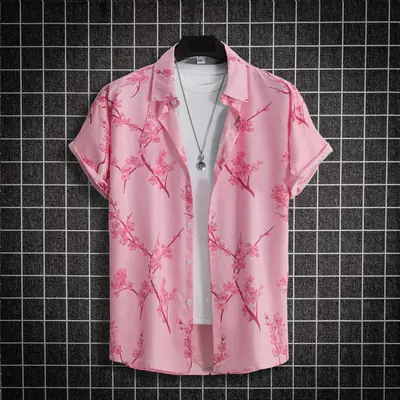 Men Pink Floral Short Sleeve Shirt New Trendy Style