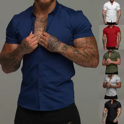 Men Stretch Short Sleeve Casual Shirt White Black Red Green Grey