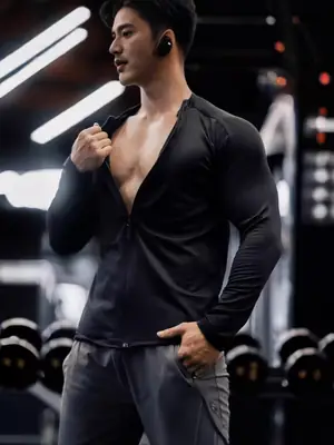 Men's Black Slim Fit Zipper Sports T-Shirt Autumn