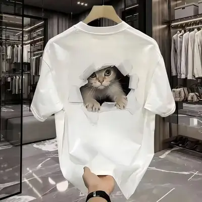 White Cat Print Loose T-Shirt Plus Size Summer