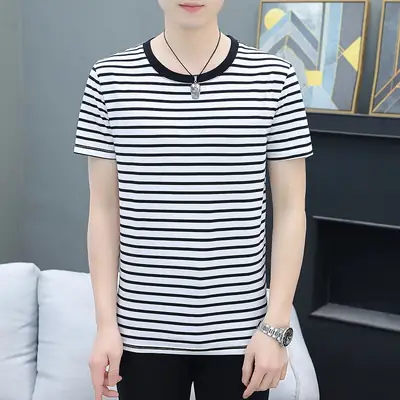 Men Cotton Striped Round Neck T-Shirt Navy Blue Stripe Medium to XL