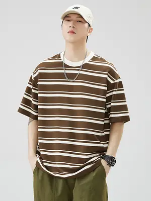 Men Striped Cotton T-Shirt Loose Fit Summer Brown White