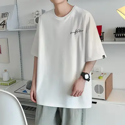 Men Loose Embroidered T-Shirt Plus Size Summer Black