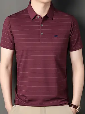 Men's Maroon Striped Polo Shirt Summer Casual Short Sleeve