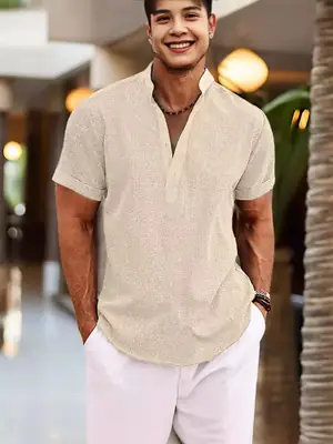 Men's Gray Henley Shirt Casual Home Wear