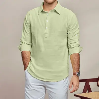 Men Light Green Linen Shirt Casual Long Sleeve