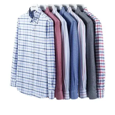 Men Loose Fit Cotton Plaid Long Sleeve Shirts