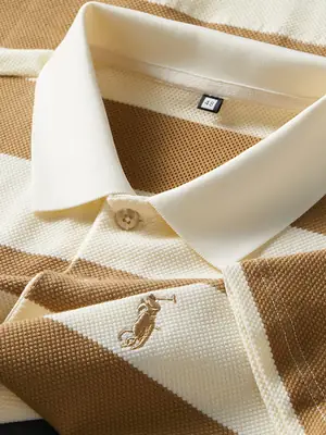 Men Striped Polo Shirt Khaki Business Formal Summer