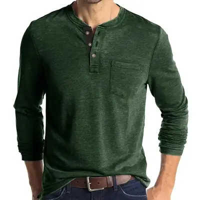 Men Slim Fit Long Sleeve Henley Shirt Green Pocket