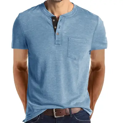 Men Henley T-Shirt Blue Short Sleeve Pocketed