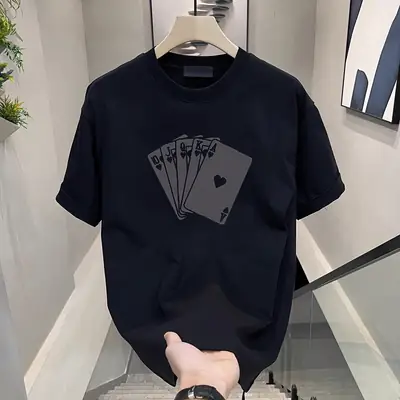 Men Loose Printed T-Shirt Black Poker Cards Summer