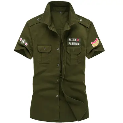 Men Military Style Short Sleeve Shirt Olive Green Plus Size