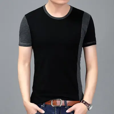 Men Cotton Round Neck T-Shirt Black Splicing Short Sleeve