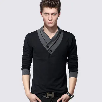 Men Black Long Sleeve Korean Collar T-Shirt Autumn