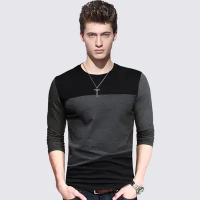 Men Slim Fit Cotton Long Sleeve T-Shirt Black Contrast Stitching