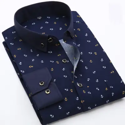 Men Navy Anchor Print Casual Shirt Large Size