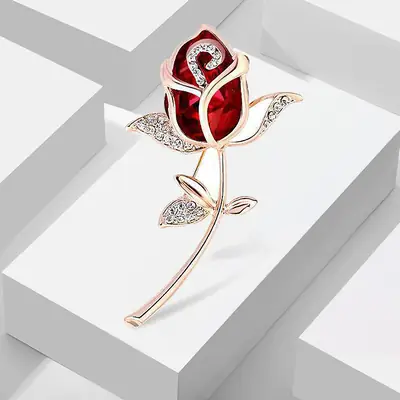 Red Rose Brooch with Rhinestones Rose Gold