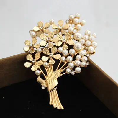 Golden Pearl Floral Brooch for Women