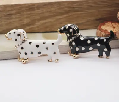 Dachshund Dog Brooches White Black Spots Gold Diamond