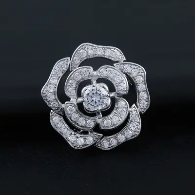 Camellia Brooch with Zircon Stones Silver Tones
