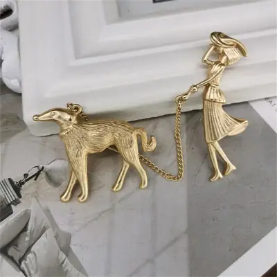 Matte Gold Dog Walking Brooch for Women