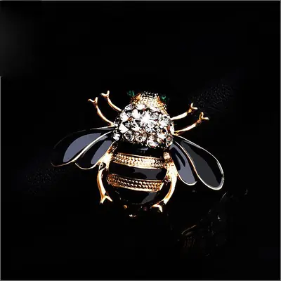 Bee Shaped Brooch with Crystal Head & Black Wings