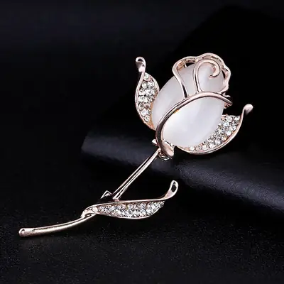 Rose Brooch with Cat's Eye Rhinestone Silver