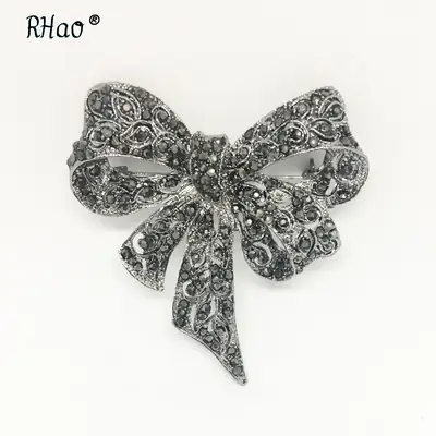 Vintage Black Rhinestone Bow Brooch for Women