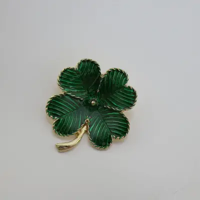 Green Enamel Clover Brooch for Women