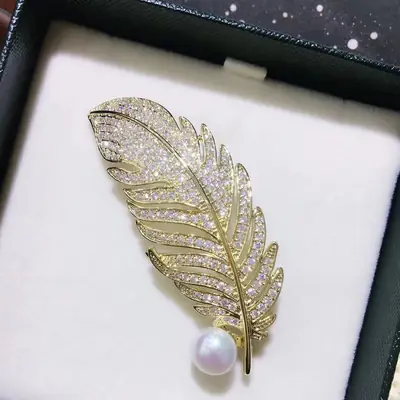 Feather Brooch Gold Crystal Pearl Wedding Office Wear