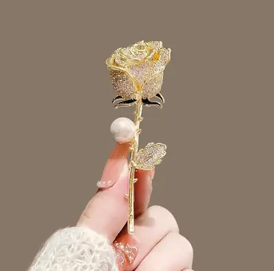 Golden Rose Brooch with Diamond & Pearl Accents