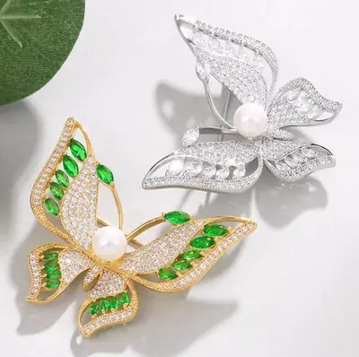 Butterfly Brooch with Green Gemstones & Pearl Center