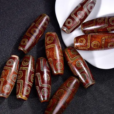 Tibetan Agate Nine-Eyed Dzi Beads Red Gold