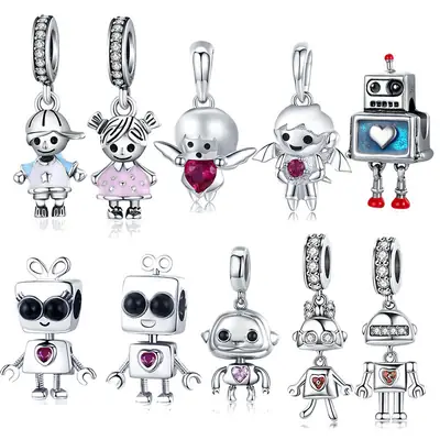 925 Sterling Silver Robot Charm Bracelets for Girls
