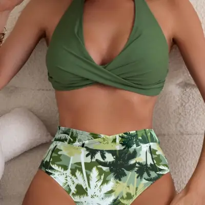 Green Tropical Print High Waisted Bikini Set for Women