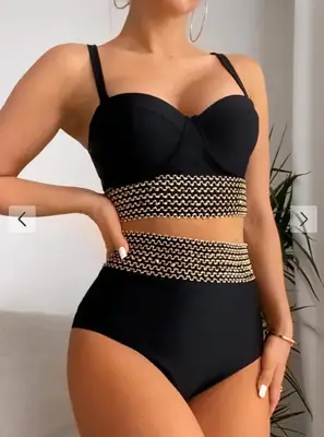 Black Two-Piece High Waisted Bikini with Gold Chain Detail