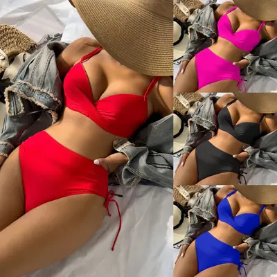 Women's Solid Color Push Up Bikini Set Red Blue Black High Waisted