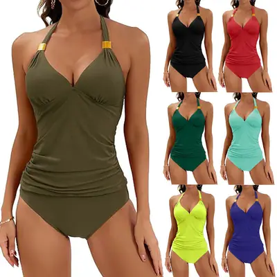 Women Halter Neck V-Neck Swimsuit with Shorts Bikini Multi Color