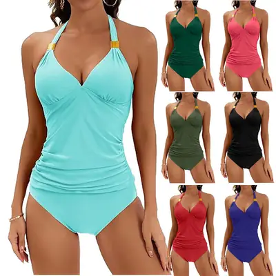 Women Halter One-Piece Swimsuit Pure Color Split Strap